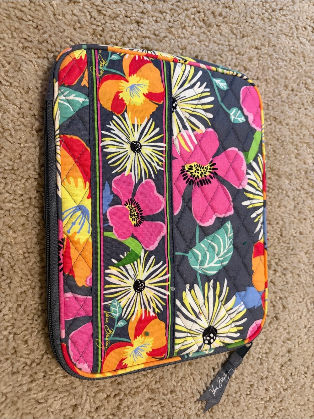 Quilted Floral Tablet Sleeve in Dark Gray with Pink & Yellow Flowers